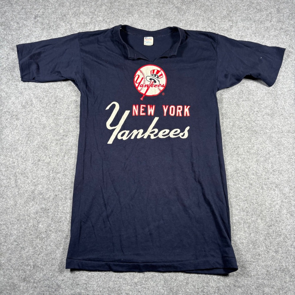 Vintage 80s‎ Champion New York Yankees T-Shirt Blue MLB Made in USA M *Repaired